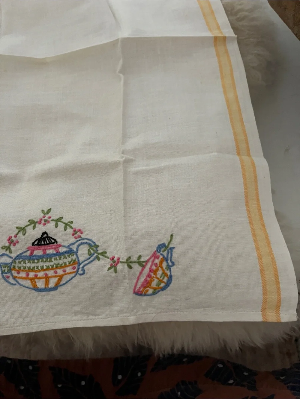Embroidered White Cotton Tea Towel with Colorful Teapot Motif